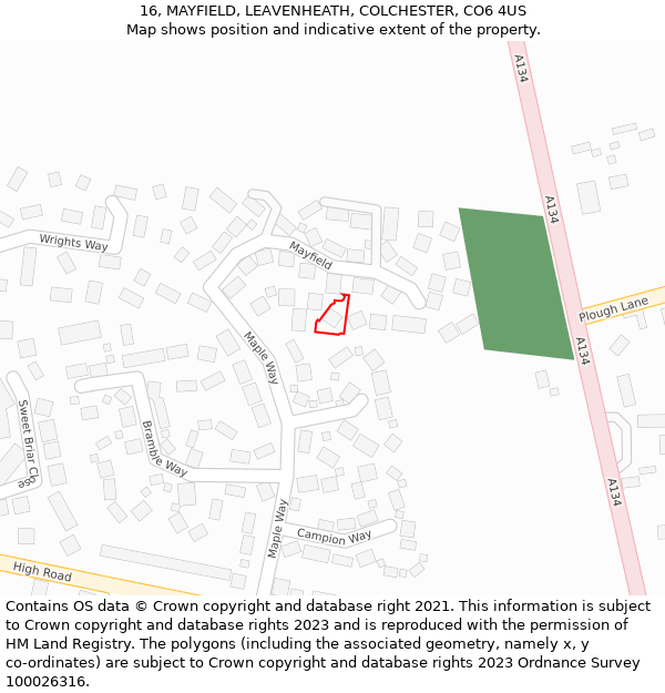 16, MAYFIELD, LEAVENHEATH, COLCHESTER, CO6 4US: Location map and indicative extent of plot