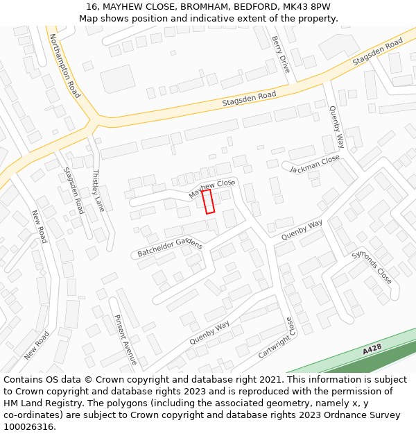 16, MAYHEW CLOSE, BROMHAM, BEDFORD, MK43 8PW: Location map and indicative extent of plot