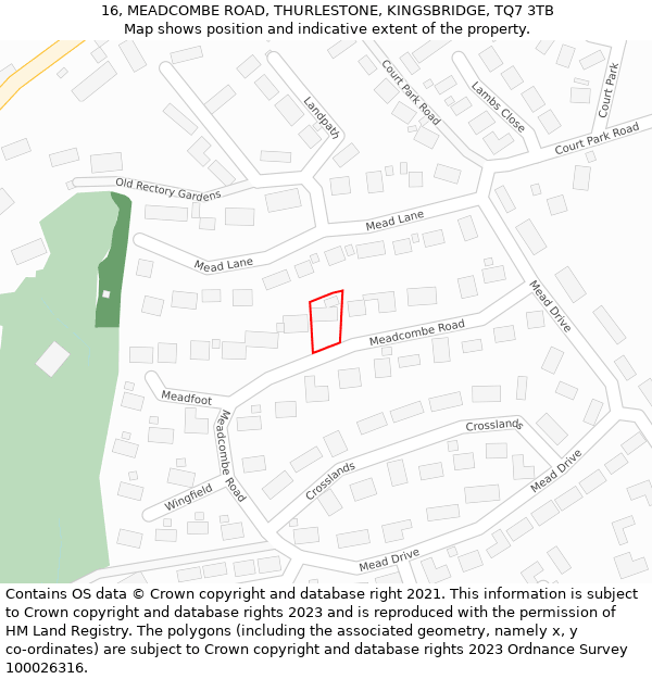 16, MEADCOMBE ROAD, THURLESTONE, KINGSBRIDGE, TQ7 3TB: Location map and indicative extent of plot