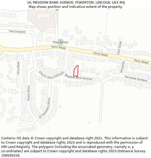 16, MEADOW BANK AVENUE, FISKERTON, LINCOLN, LN3 4HJ: Location map and indicative extent of plot