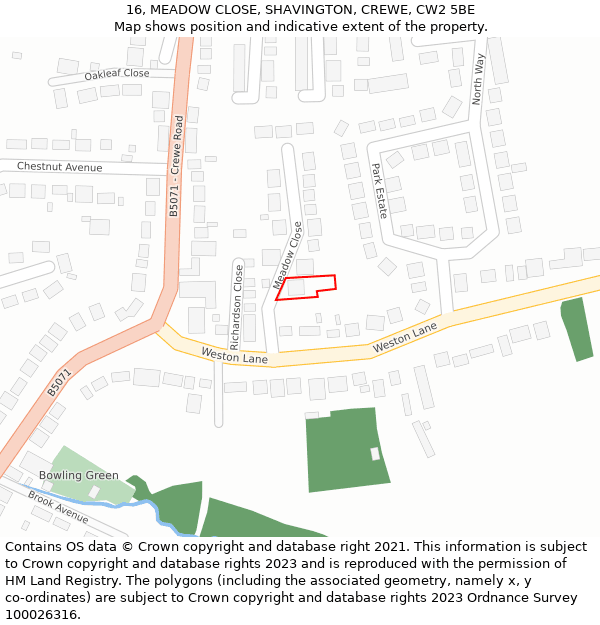 16, MEADOW CLOSE, SHAVINGTON, CREWE, CW2 5BE: Location map and indicative extent of plot