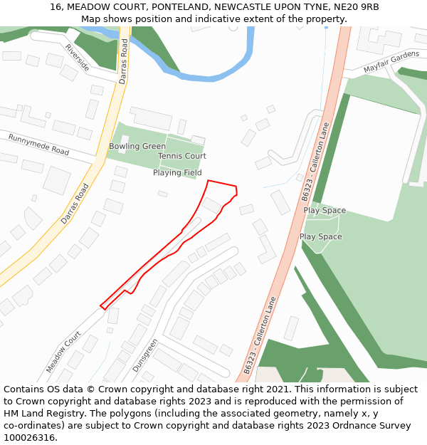 16, MEADOW COURT, PONTELAND, NEWCASTLE UPON TYNE, NE20 9RB: Location map and indicative extent of plot