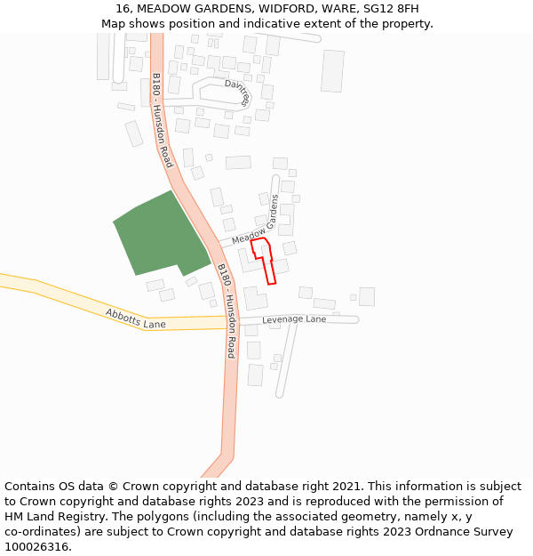 16, MEADOW GARDENS, WIDFORD, WARE, SG12 8FH: Location map and indicative extent of plot