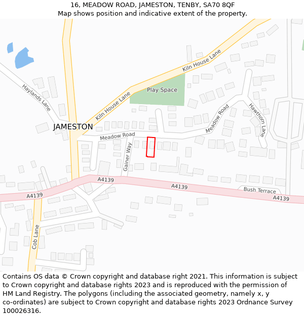 16, MEADOW ROAD, JAMESTON, TENBY, SA70 8QF: Location map and indicative extent of plot