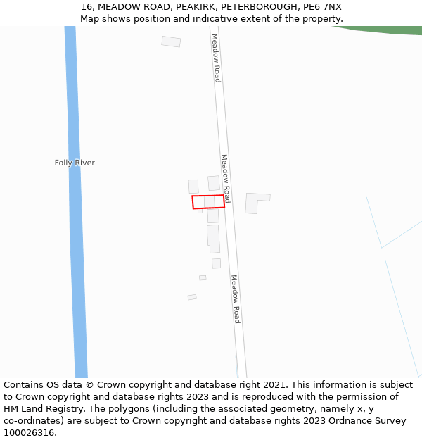 16, MEADOW ROAD, PEAKIRK, PETERBOROUGH, PE6 7NX: Location map and indicative extent of plot