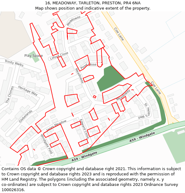 16, MEADOWAY, TARLETON, PRESTON, PR4 6NA: Location map and indicative extent of plot