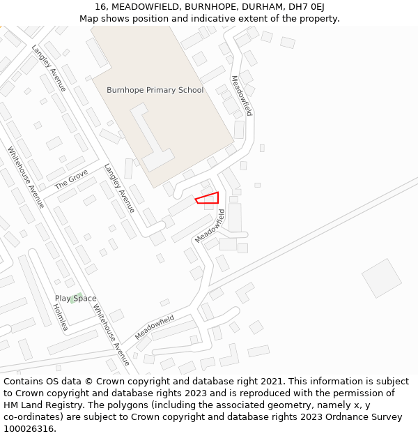 16, MEADOWFIELD, BURNHOPE, DURHAM, DH7 0EJ: Location map and indicative extent of plot