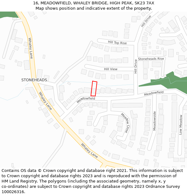 16, MEADOWFIELD, WHALEY BRIDGE, HIGH PEAK, SK23 7AX: Location map and indicative extent of plot