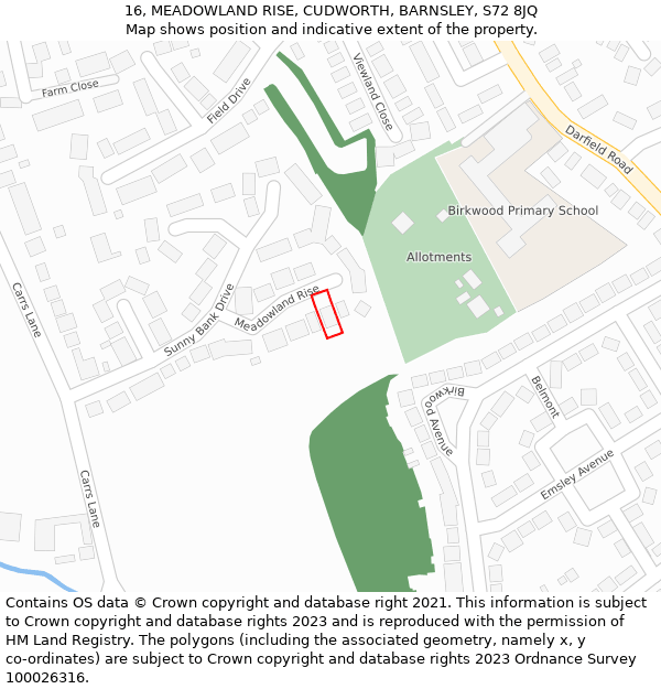 16, MEADOWLAND RISE, CUDWORTH, BARNSLEY, S72 8JQ: Location map and indicative extent of plot