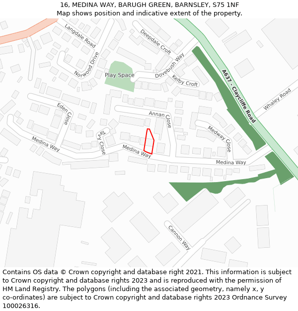 16, MEDINA WAY, BARUGH GREEN, BARNSLEY, S75 1NF: Location map and indicative extent of plot