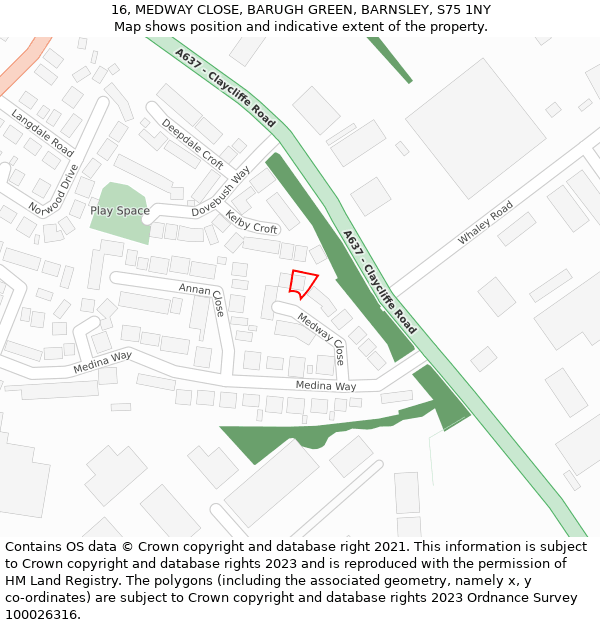 16, MEDWAY CLOSE, BARUGH GREEN, BARNSLEY, S75 1NY: Location map and indicative extent of plot