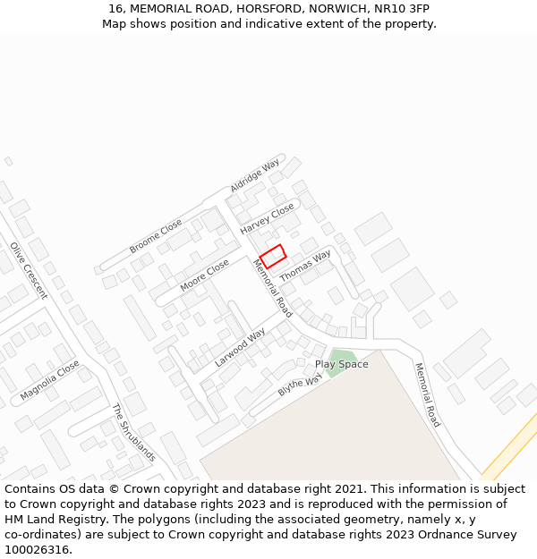 16, MEMORIAL ROAD, HORSFORD, NORWICH, NR10 3FP: Location map and indicative extent of plot