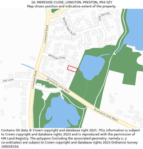 16, MERESIDE CLOSE, LONGTON, PRESTON, PR4 5ZY: Location map and indicative extent of plot