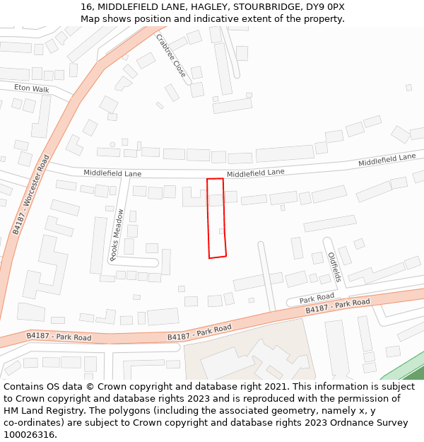 16, MIDDLEFIELD LANE, HAGLEY, STOURBRIDGE, DY9 0PX: Location map and indicative extent of plot