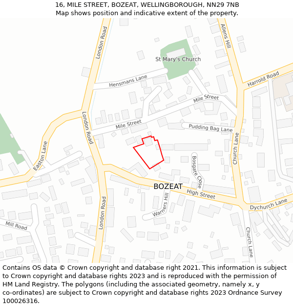 16, MILE STREET, BOZEAT, WELLINGBOROUGH, NN29 7NB: Location map and indicative extent of plot