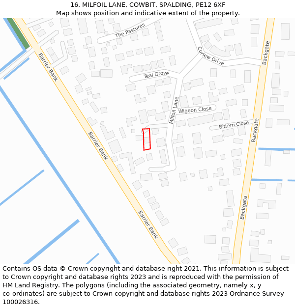 16, MILFOIL LANE, COWBIT, SPALDING, PE12 6XF: Location map and indicative extent of plot