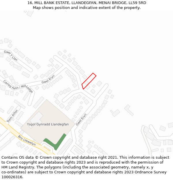 16, MILL BANK ESTATE, LLANDEGFAN, MENAI BRIDGE, LL59 5RD: Location map and indicative extent of plot