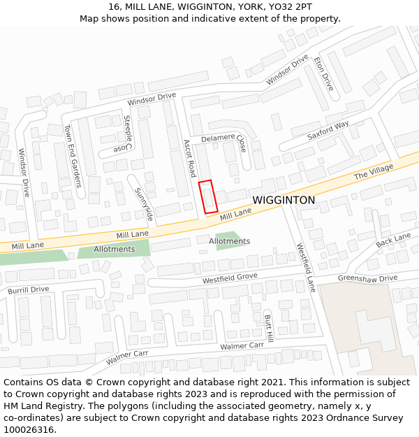 16, MILL LANE, WIGGINTON, YORK, YO32 2PT: Location map and indicative extent of plot