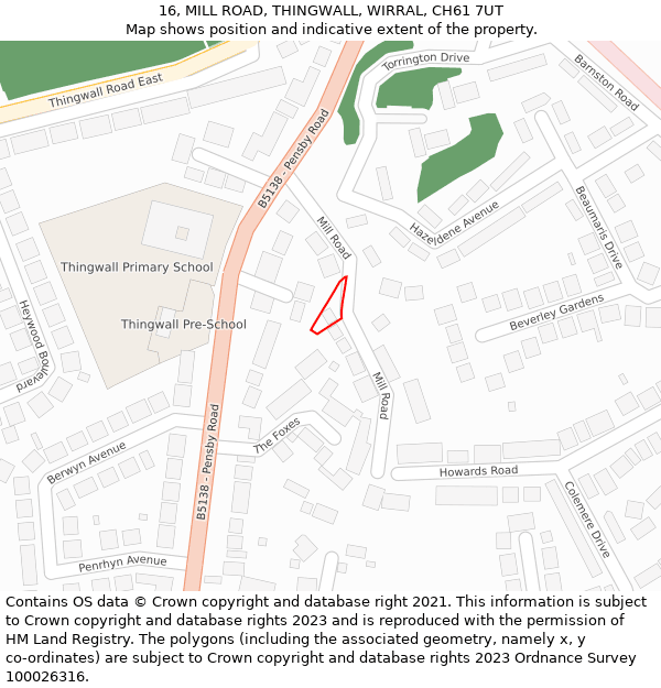 16, MILL ROAD, THINGWALL, WIRRAL, CH61 7UT: Location map and indicative extent of plot