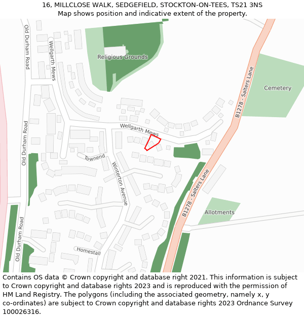 16, MILLCLOSE WALK, SEDGEFIELD, STOCKTON-ON-TEES, TS21 3NS: Location map and indicative extent of plot