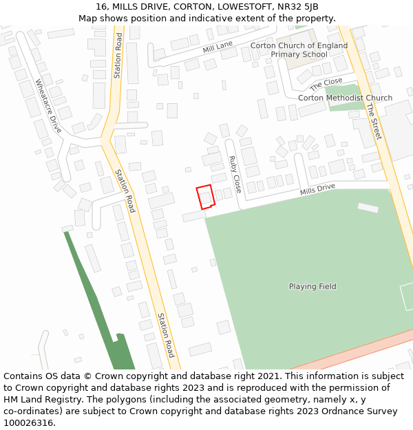 16, MILLS DRIVE, CORTON, LOWESTOFT, NR32 5JB: Location map and indicative extent of plot