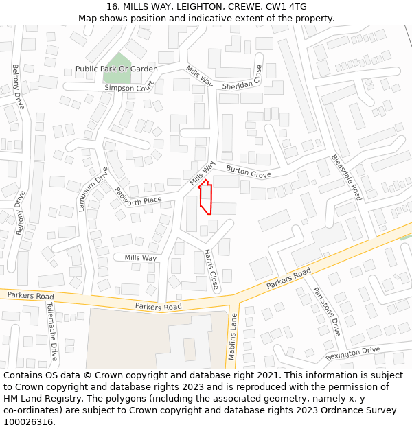 16, MILLS WAY, LEIGHTON, CREWE, CW1 4TG: Location map and indicative extent of plot