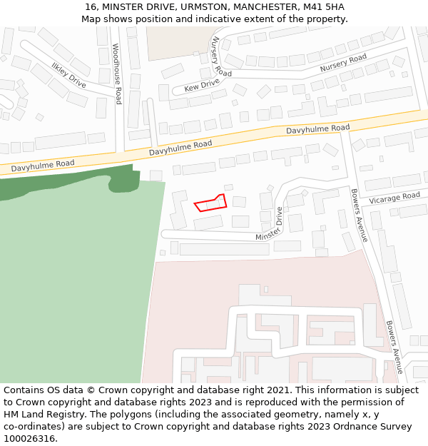 16, MINSTER DRIVE, URMSTON, MANCHESTER, M41 5HA: Location map and indicative extent of plot