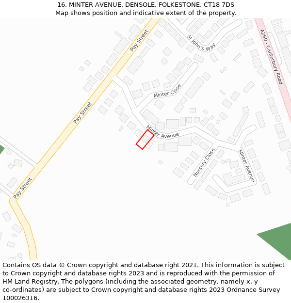 16, MINTER AVENUE, DENSOLE, FOLKESTONE, CT18 7DS: Location map and indicative extent of plot
