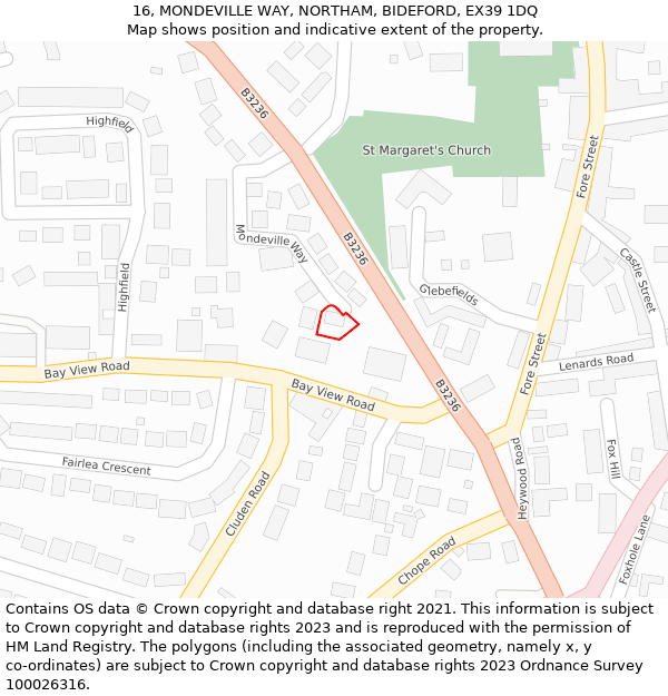 16, MONDEVILLE WAY, NORTHAM, BIDEFORD, EX39 1DQ: Location map and indicative extent of plot