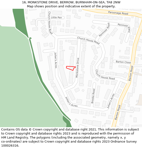 16, MONKSTONE DRIVE, BERROW, BURNHAM-ON-SEA, TA8 2NW: Location map and indicative extent of plot