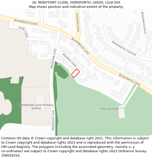 16, MONTFORT CLOSE, HORSFORTH, LEEDS, LS18 5SX: Location map and indicative extent of plot