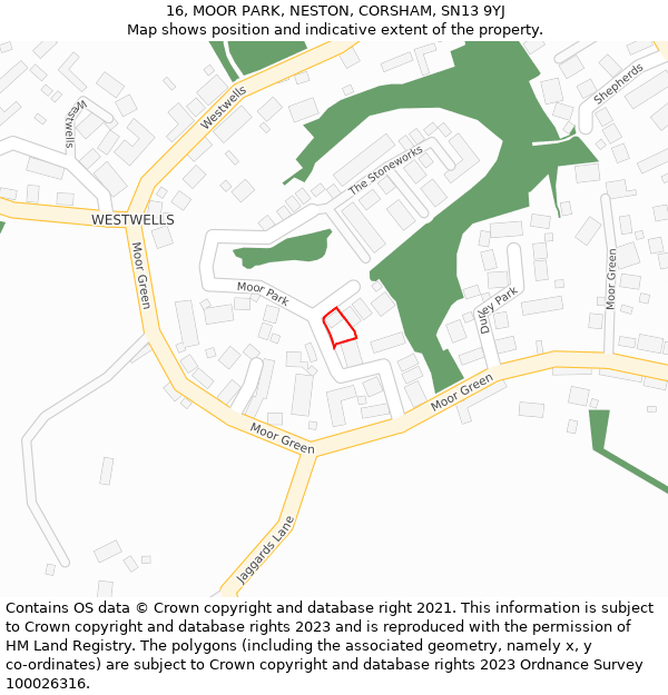 16, MOOR PARK, NESTON, CORSHAM, SN13 9YJ: Location map and indicative extent of plot