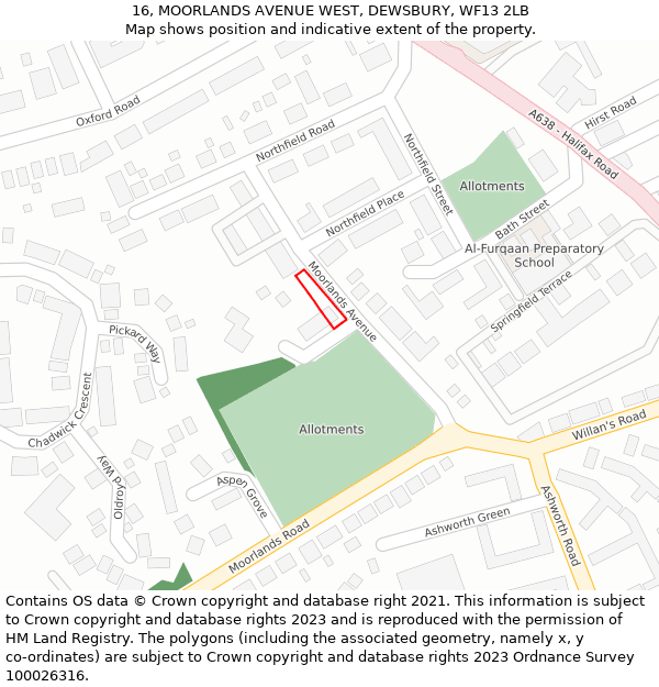 16, MOORLANDS AVENUE WEST, DEWSBURY, WF13 2LB: Location map and indicative extent of plot