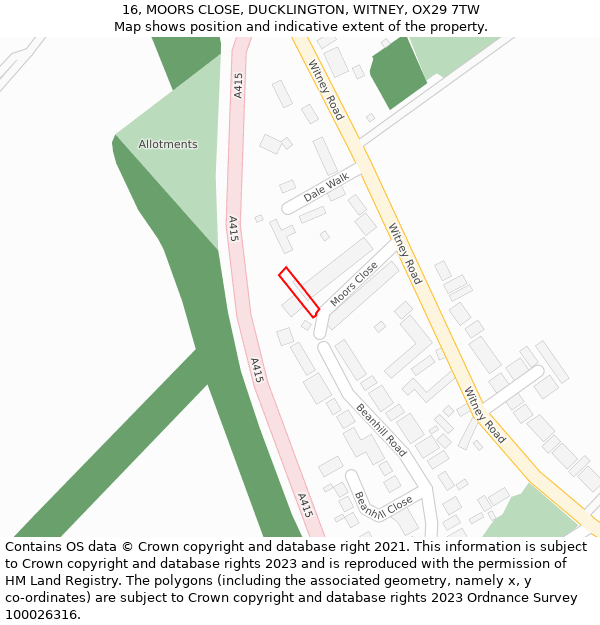 16, MOORS CLOSE, DUCKLINGTON, WITNEY, OX29 7TW: Location map and indicative extent of plot