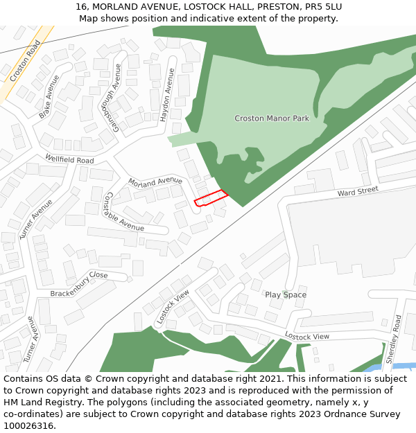 16, MORLAND AVENUE, LOSTOCK HALL, PRESTON, PR5 5LU: Location map and indicative extent of plot