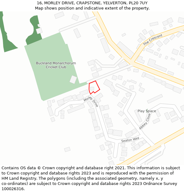 16, MORLEY DRIVE, CRAPSTONE, YELVERTON, PL20 7UY: Location map and indicative extent of plot