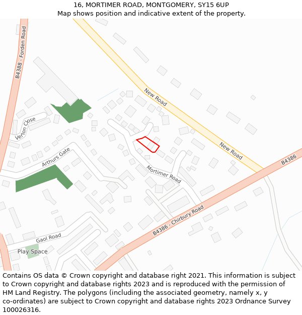 16, MORTIMER ROAD, MONTGOMERY, SY15 6UP: Location map and indicative extent of plot