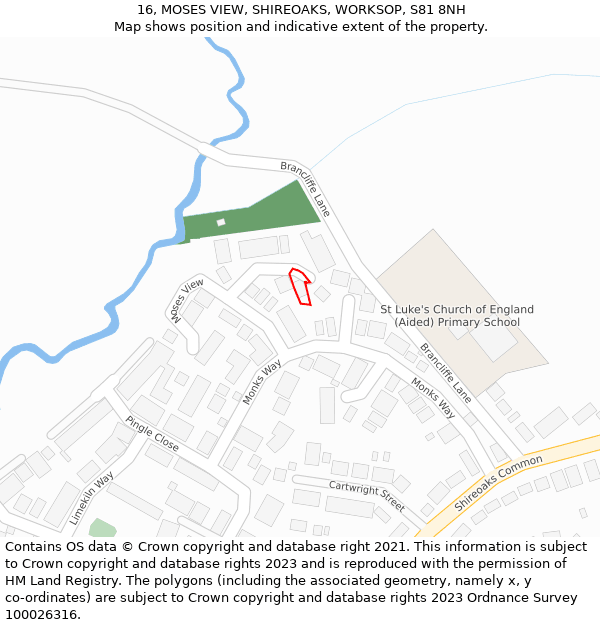 16, MOSES VIEW, SHIREOAKS, WORKSOP, S81 8NH: Location map and indicative extent of plot