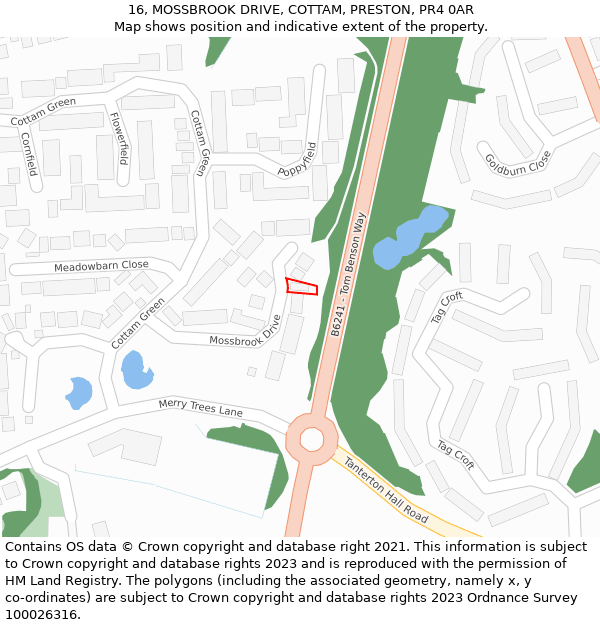 16, MOSSBROOK DRIVE, COTTAM, PRESTON, PR4 0AR: Location map and indicative extent of plot