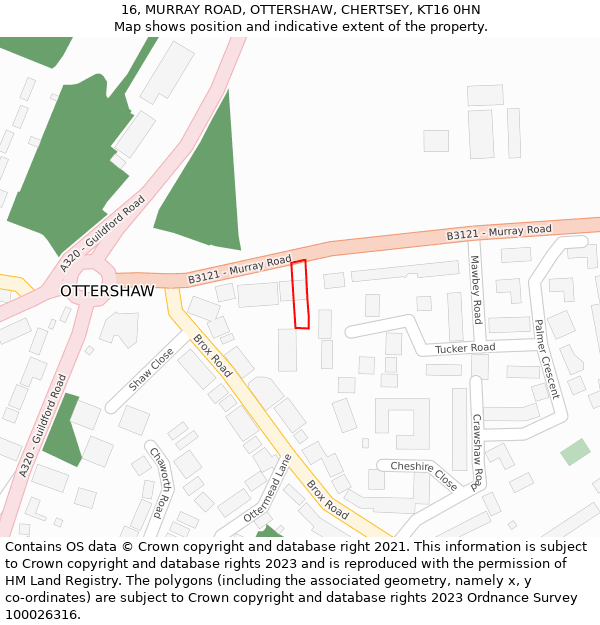 16, MURRAY ROAD, OTTERSHAW, CHERTSEY, KT16 0HN: Location map and indicative extent of plot