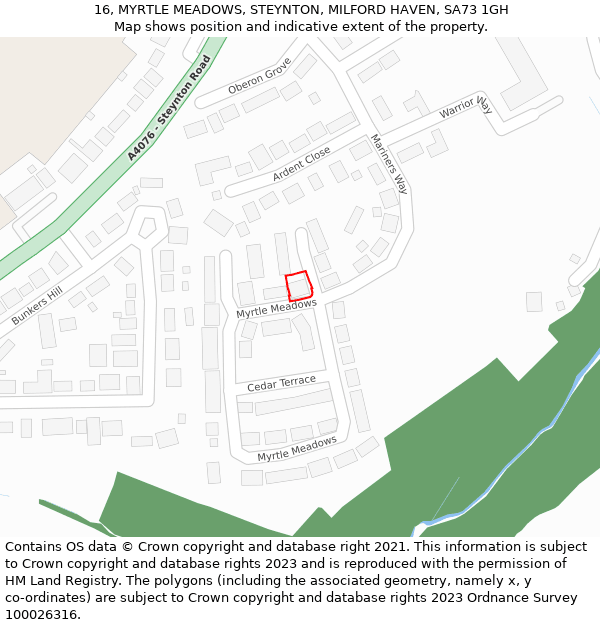 16, MYRTLE MEADOWS, STEYNTON, MILFORD HAVEN, SA73 1GH: Location map and indicative extent of plot