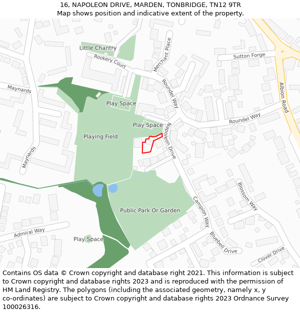 16, NAPOLEON DRIVE, MARDEN, TONBRIDGE, TN12 9TR: Location map and indicative extent of plot