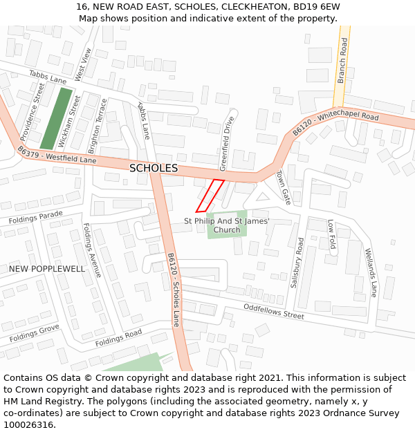 16, NEW ROAD EAST, SCHOLES, CLECKHEATON, BD19 6EW: Location map and indicative extent of plot