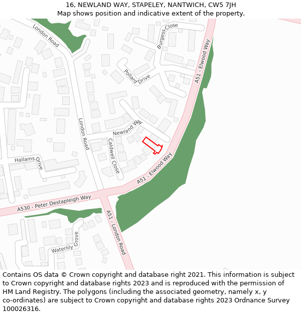 16, NEWLAND WAY, STAPELEY, NANTWICH, CW5 7JH: Location map and indicative extent of plot