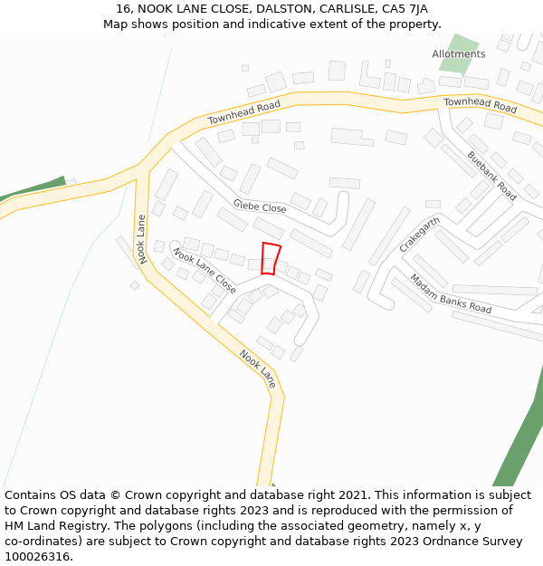 16, NOOK LANE CLOSE, DALSTON, CARLISLE, CA5 7JA: Location map and indicative extent of plot