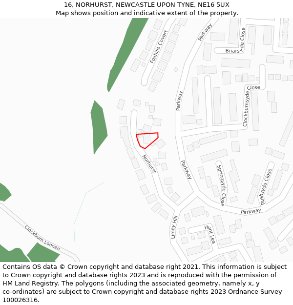 16, NORHURST, NEWCASTLE UPON TYNE, NE16 5UX: Location map and indicative extent of plot