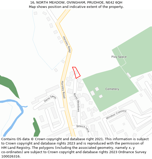 16, NORTH MEADOW, OVINGHAM, PRUDHOE, NE42 6QH: Location map and indicative extent of plot