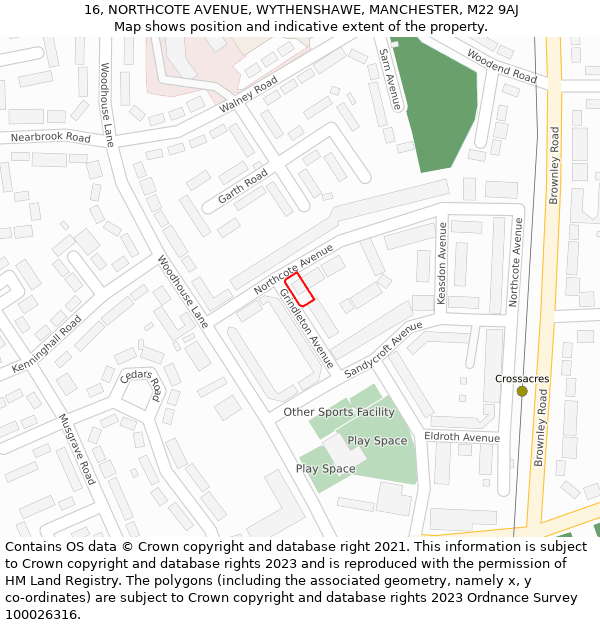 16, NORTHCOTE AVENUE, WYTHENSHAWE, MANCHESTER, M22 9AJ: Location map and indicative extent of plot