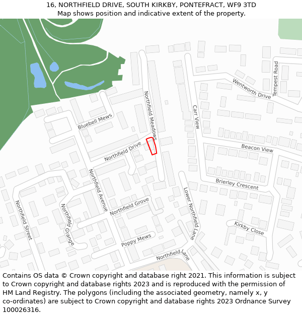 16, NORTHFIELD DRIVE, SOUTH KIRKBY, PONTEFRACT, WF9 3TD: Location map and indicative extent of plot