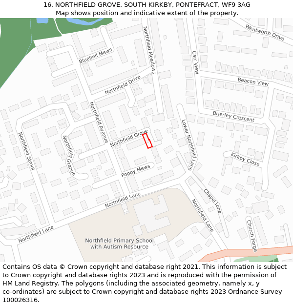 16, NORTHFIELD GROVE, SOUTH KIRKBY, PONTEFRACT, WF9 3AG: Location map and indicative extent of plot